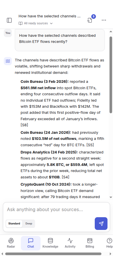 The Ocean chat interface on a mobile phone, answering a question about Bitcoin ETF flows with citations to Coin Bureau, CryptoQuant, and Drops Analytics.